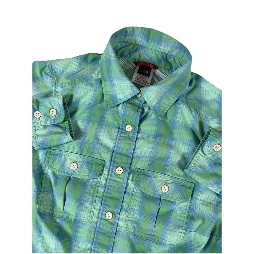The North Face Vapor Wick Blue Green Plaid Vented L/S‎ Shirt Women's XS Hiking
